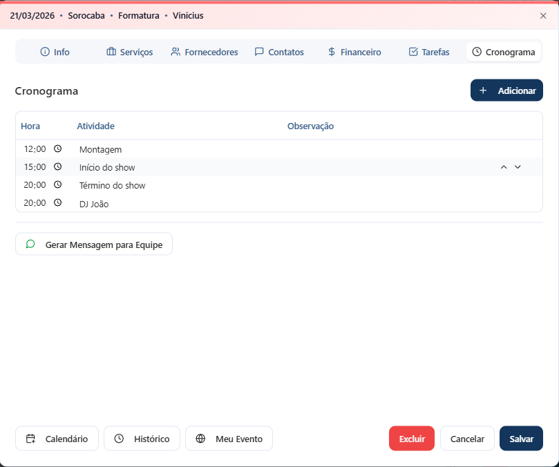 Cronograma do evento no OneCal
