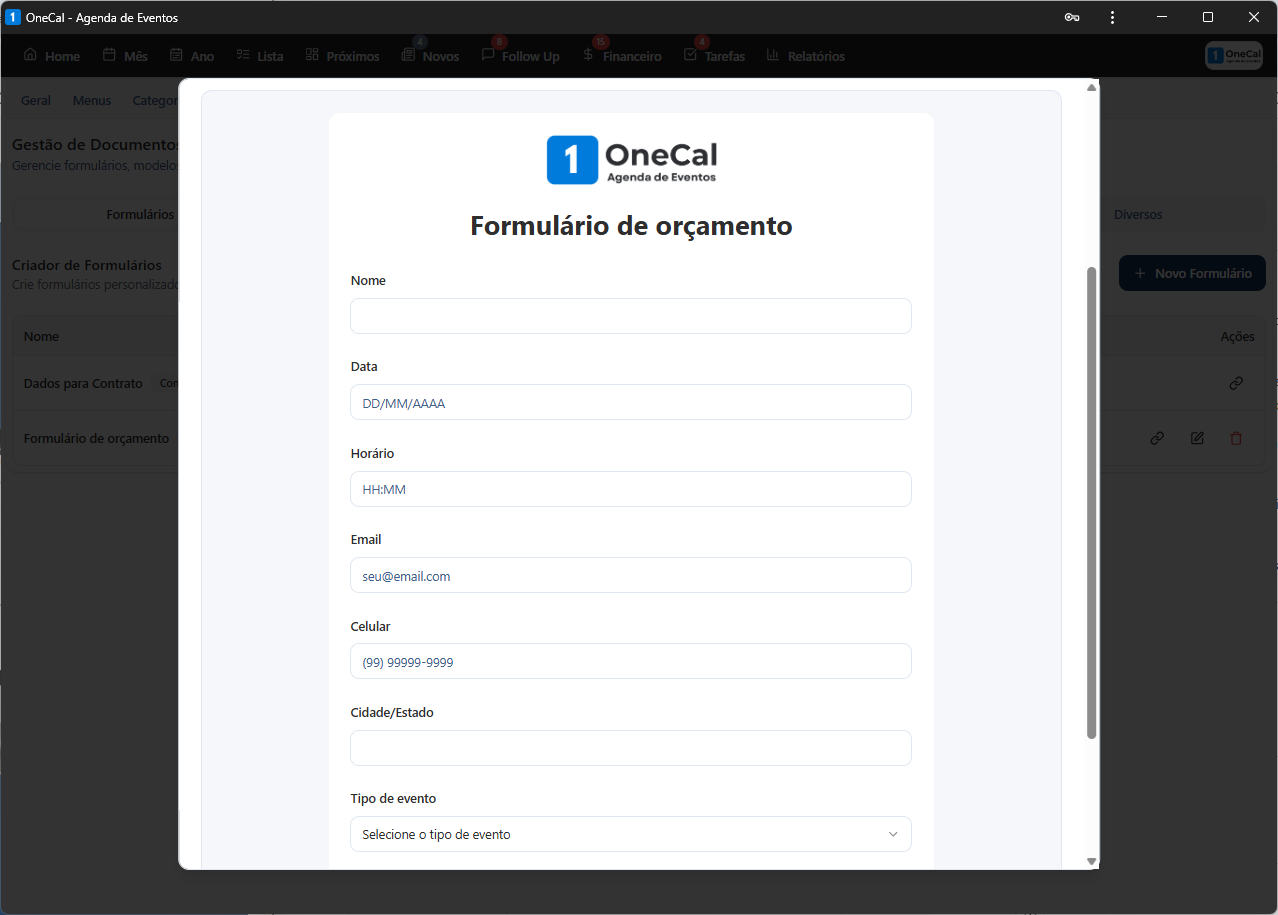 Formulário de orçamento do OneCal