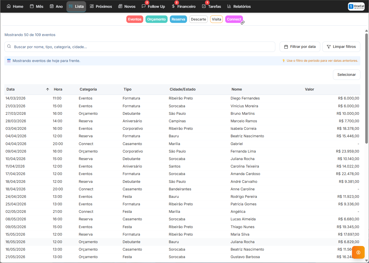 OneCal - Lista de Eventos